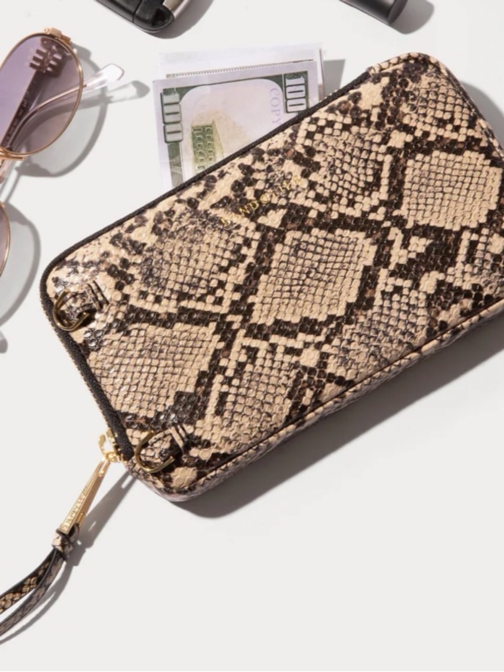 Bandolier Snake-Print Zip Donna Pouch with Strap